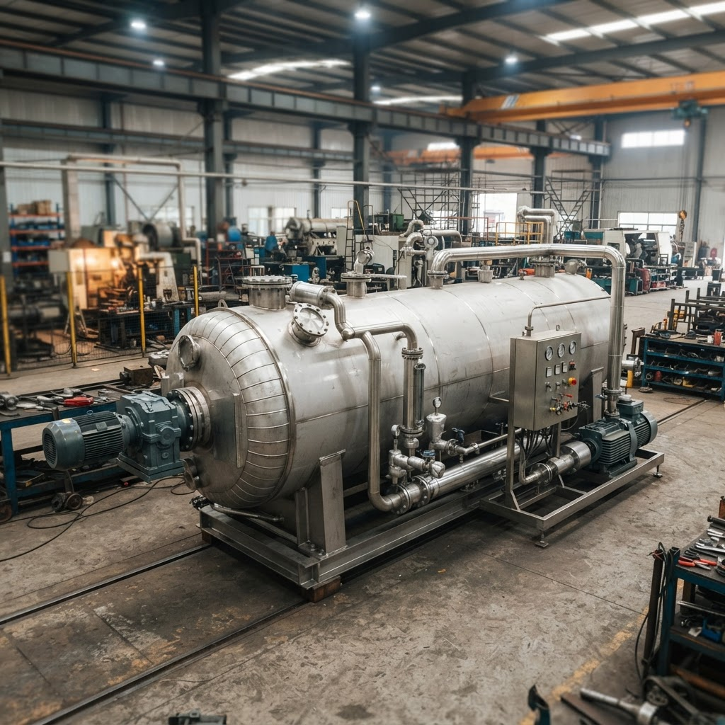 Stainless steel industrial vacuum rake dryer on the Ruibo factory floor